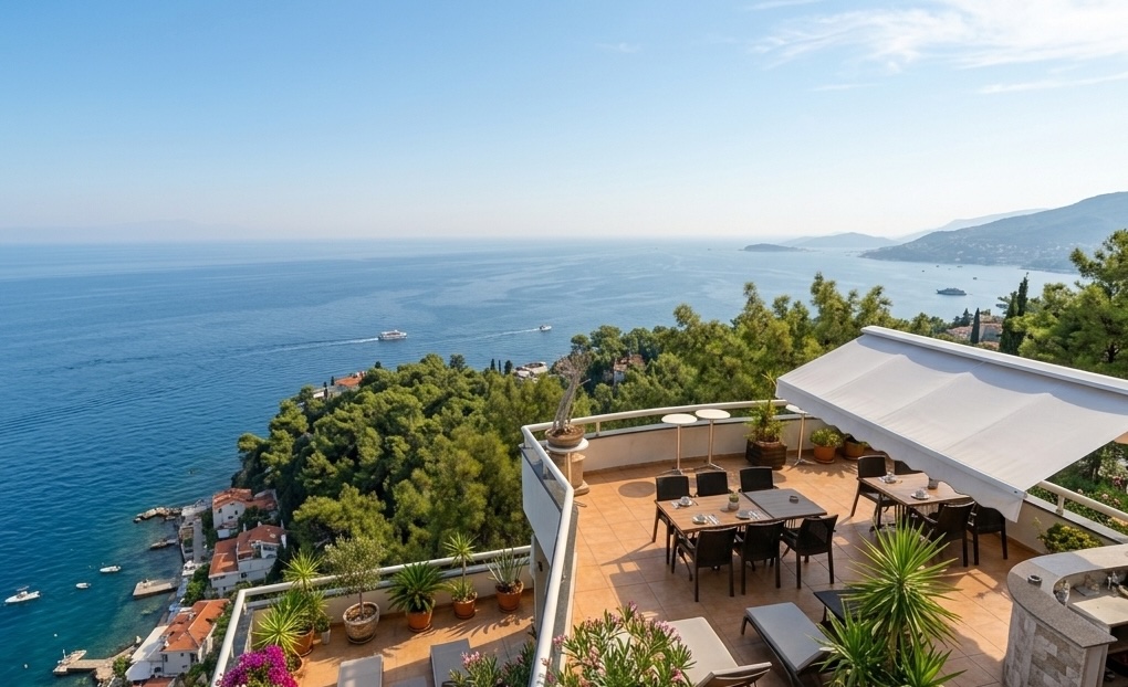 Boutique hotel terrace at golden hour